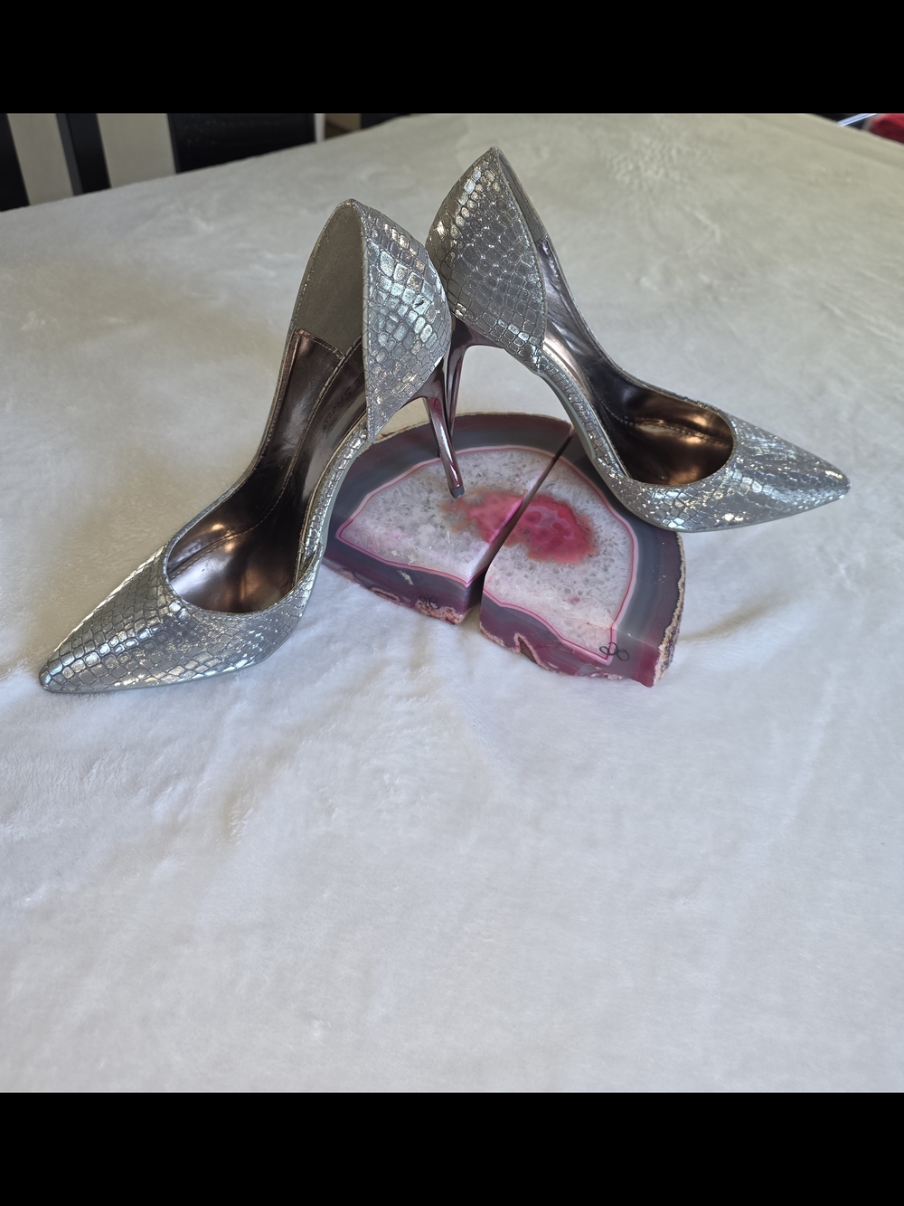 Silver Snake-Embossed Pointed Toe Stiletto Pumps - Women's